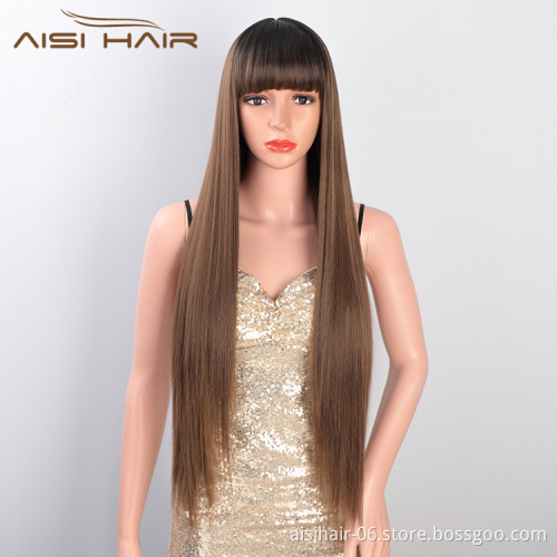 Aisi Hair Wholesale Cheap Vendor Long Silky Straight Wave Ombre Brown Wig With Bangs For Black Women Synthetic Hair Wigs